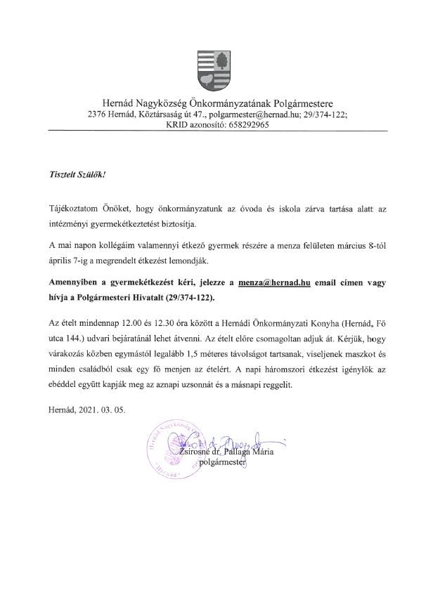 Tájékoztatás a gyermekétkeztetésről